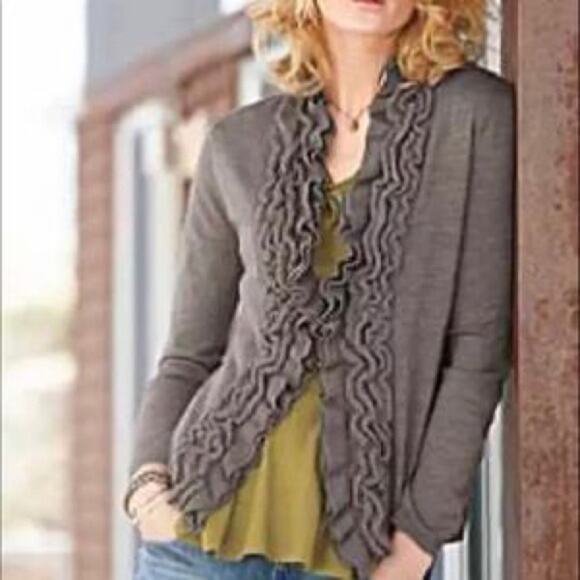 Garnet Hill Wool Blend Aqua Ruffle Neck Cardigan - Picture 6 of 6